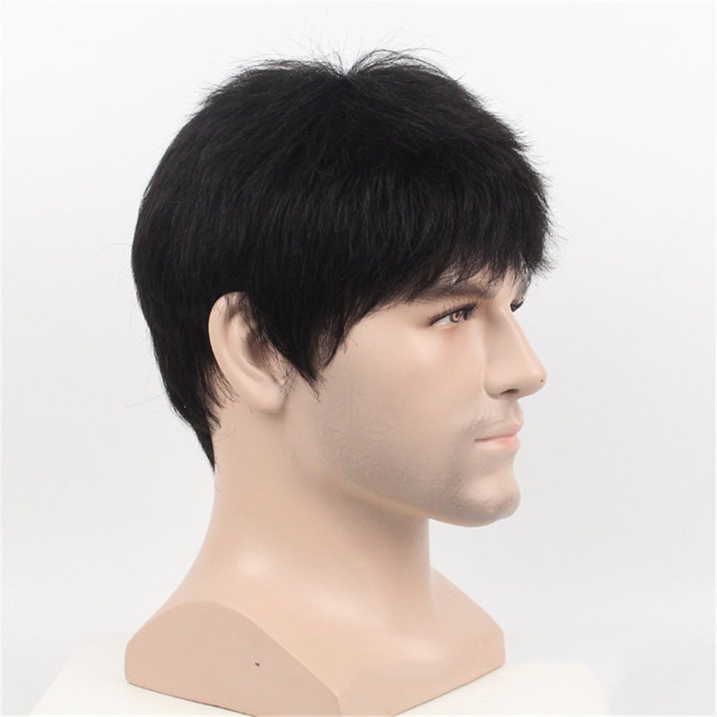 Remeehi Manly Short Fluffy Straight Full Bang None Lace Machine Made Real Human Hair Wig For Men Nature Black - Image 4